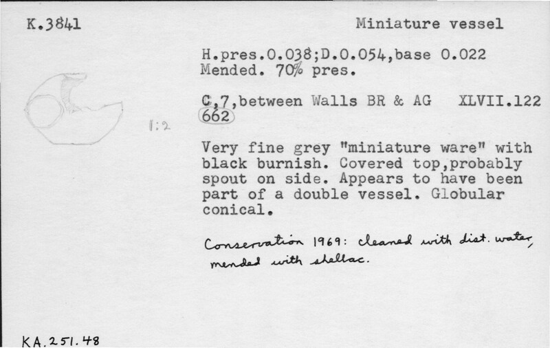 Index card with typed and handwritten information, sometimes including a sketch, of pottery from an excavation.