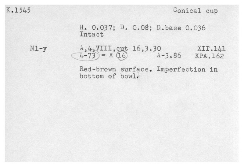 Index card with typed and handwritten information, sometimes including a sketch, of pottery from an excavation.