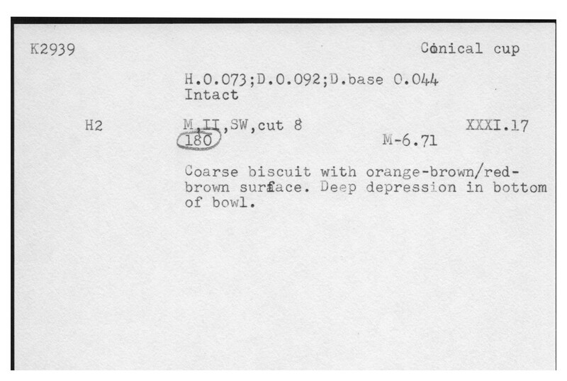 Index card with typed and handwritten information, sometimes including a sketch, of pottery from an excavation.