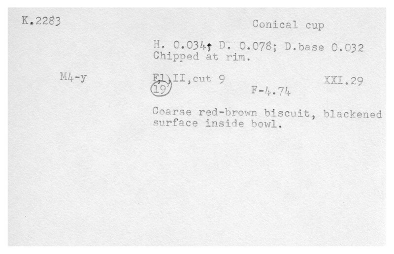 Index card with typed and handwritten information, sometimes including a sketch, of pottery from an excavation.