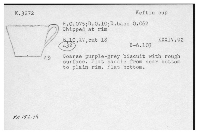 Index card with typed and handwritten information, sometimes including a sketch, of pottery from an excavation.