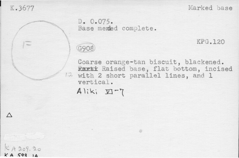 Index card with typed and handwritten information, sometimes including a sketch, of pottery from an excavation.