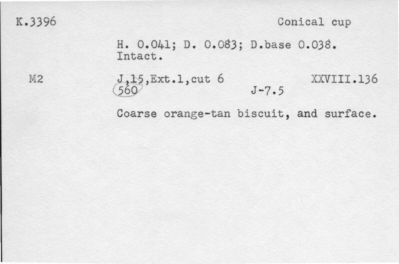 Index card with typed and handwritten information, sometimes including a sketch, of pottery from an excavation.