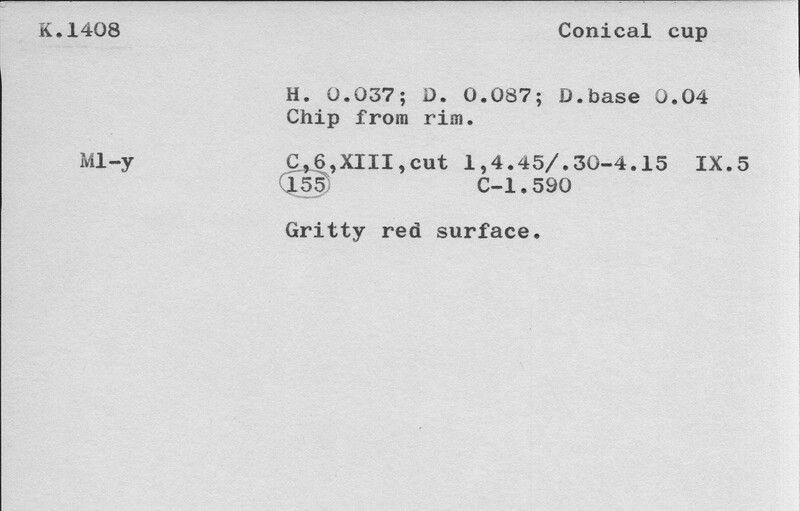 Index card with typed and handwritten information, sometimes including a sketch, of pottery from an excavation.