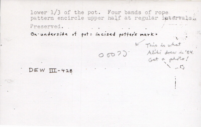 Index card with typed and handwritten information, sometimes including a sketch, of pottery from an excavation.