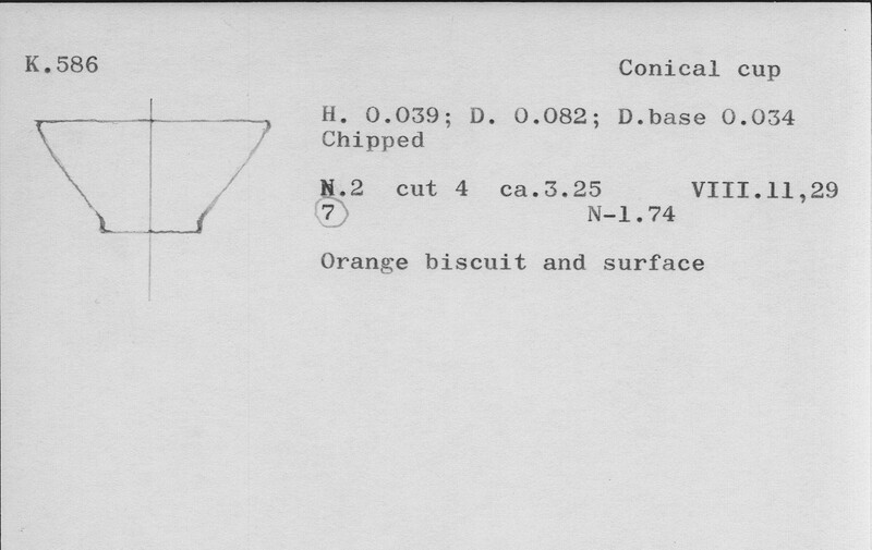 Index card with typed and handwritten information, sometimes including a sketch, of pottery from an excavation.
