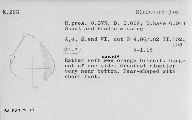 Index card with typed and handwritten information, sometimes including a sketch, of pottery from an excavation.