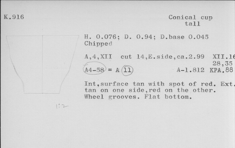 Index card with typed and handwritten information, sometimes including a sketch, of pottery from an excavation.