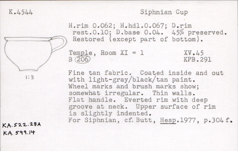 Index card with typed and handwritten information, sometimes including a sketch, of pottery from an excavation.