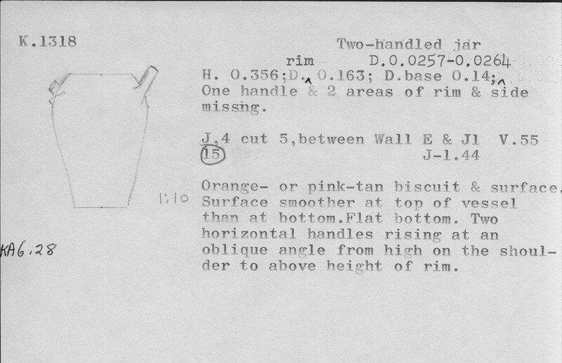 Index card with typed and handwritten information, sometimes including a sketch, of pottery from an excavation.
