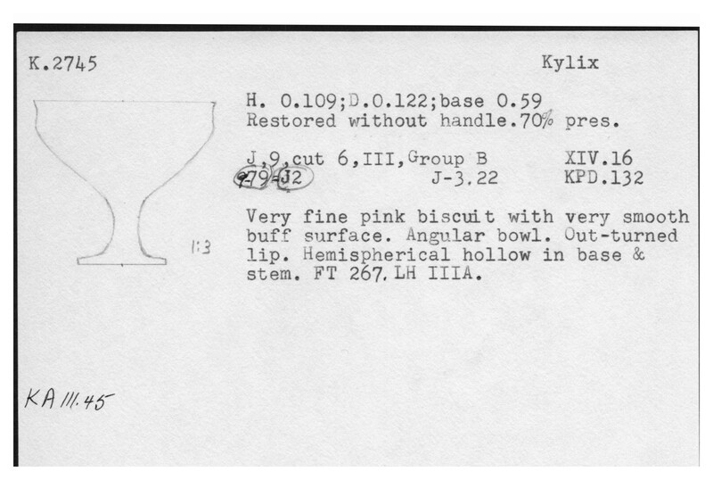 Index card with typed and handwritten information, sometimes including a sketch, of pottery from an excavation.