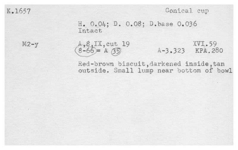 Index card with typed and handwritten information, sometimes including a sketch, of pottery from an excavation.