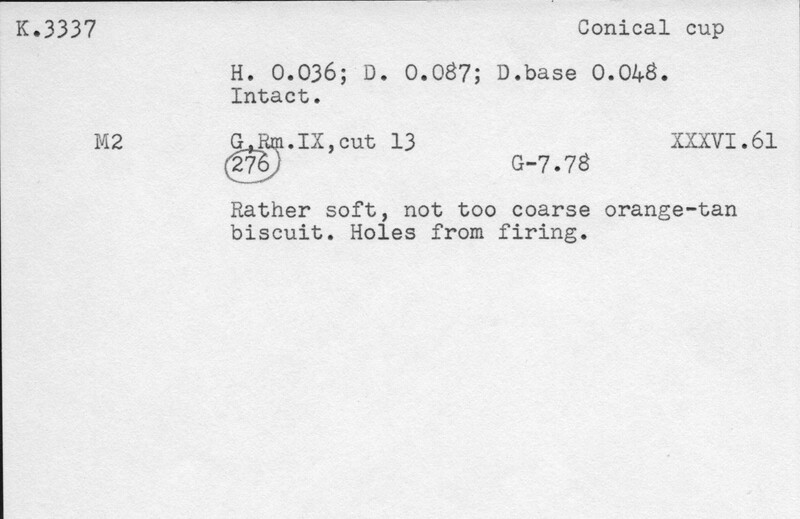 Index card with typed and handwritten information, sometimes including a sketch, of pottery from an excavation.
