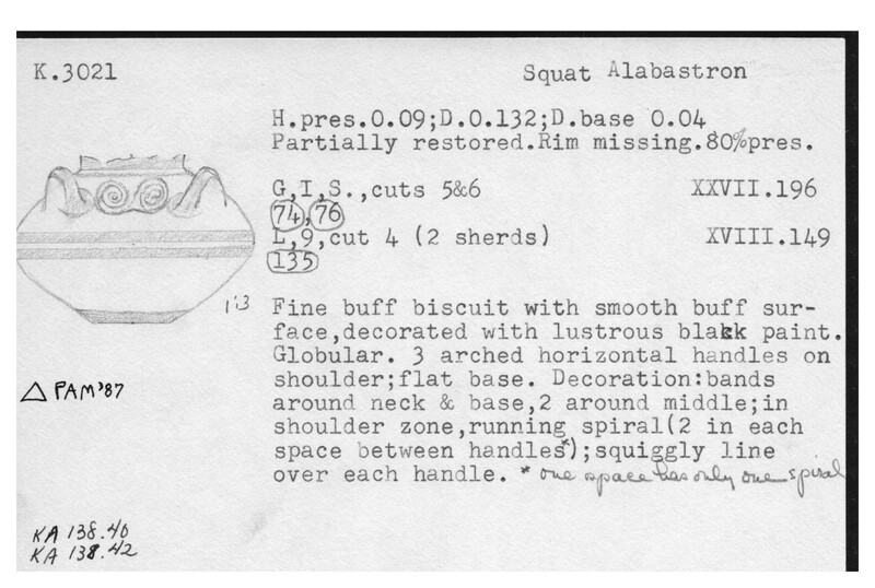 Index card with typed and handwritten information, sometimes including a sketch, of pottery from an excavation.