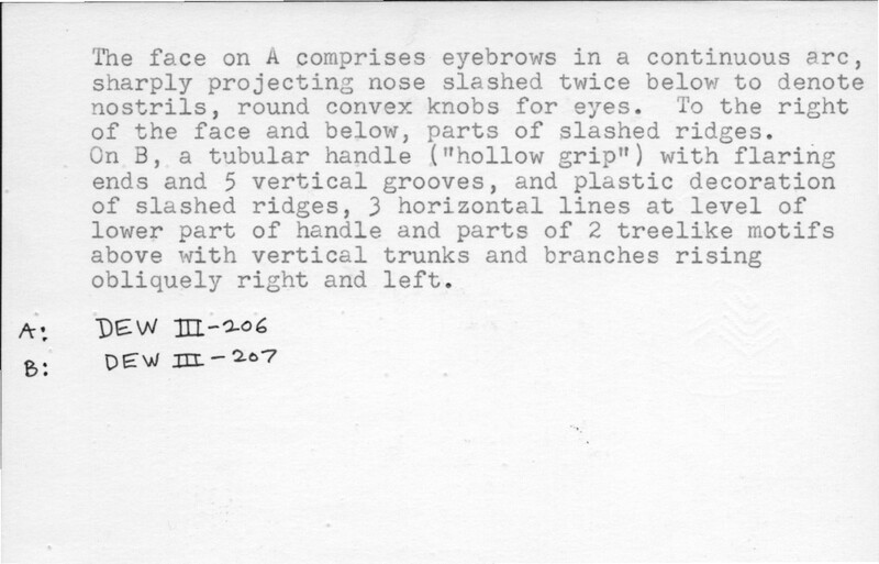 Index card with typed and handwritten information, sometimes including a sketch, of pottery from an excavation.