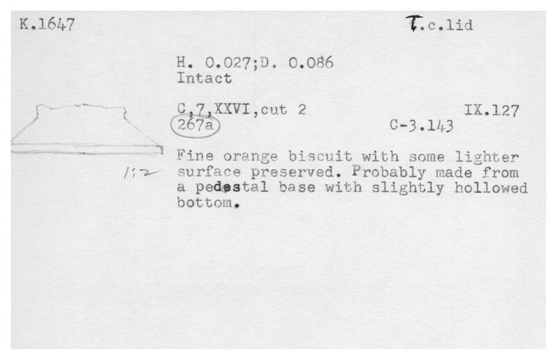 Index card with typed and handwritten information, sometimes including a sketch, of pottery from an excavation.