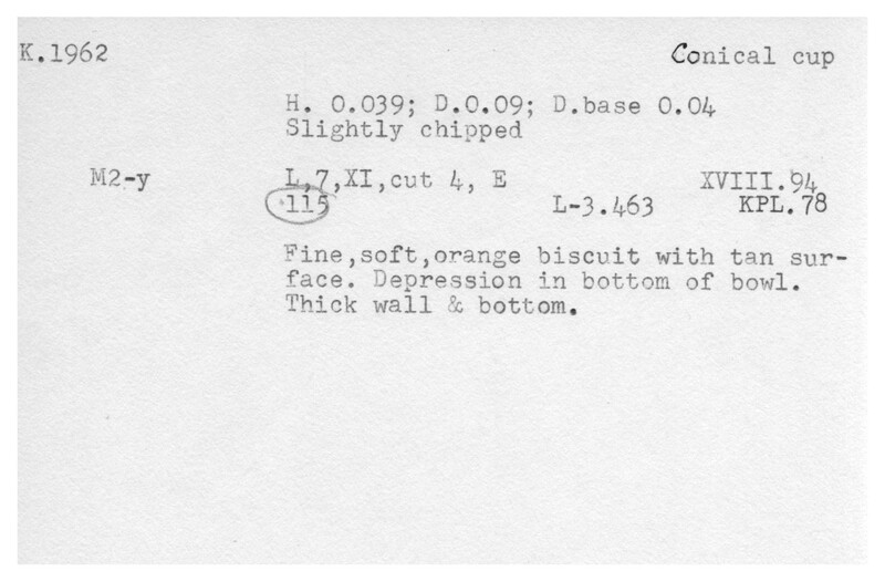 Index card with typed and handwritten information, sometimes including a sketch, of pottery from an excavation.