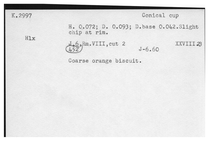Index card with typed and handwritten information, sometimes including a sketch, of pottery from an excavation.