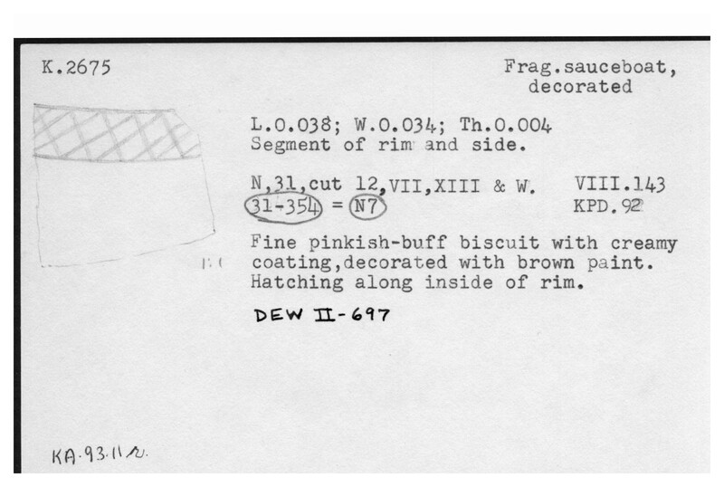 Index card with typed and handwritten information, sometimes including a sketch, of pottery from an excavation.