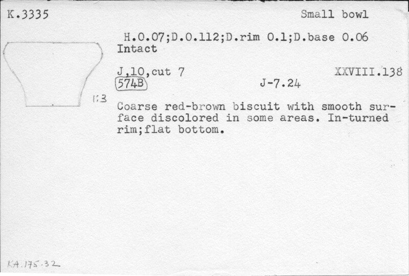 Index card with typed and handwritten information, sometimes including a sketch, of pottery from an excavation.