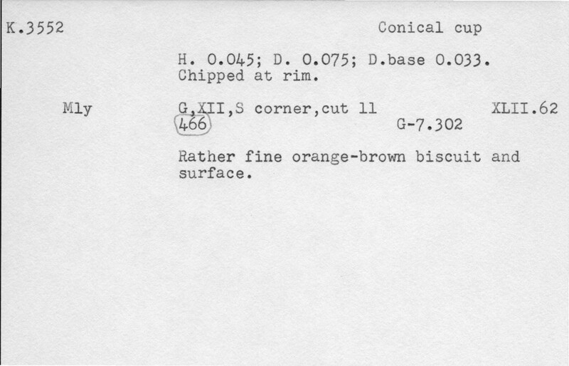 Index card with typed and handwritten information, sometimes including a sketch, of pottery from an excavation.