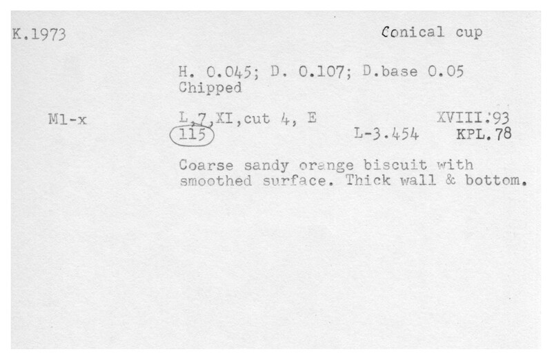 Index card with typed and handwritten information, sometimes including a sketch, of pottery from an excavation.
