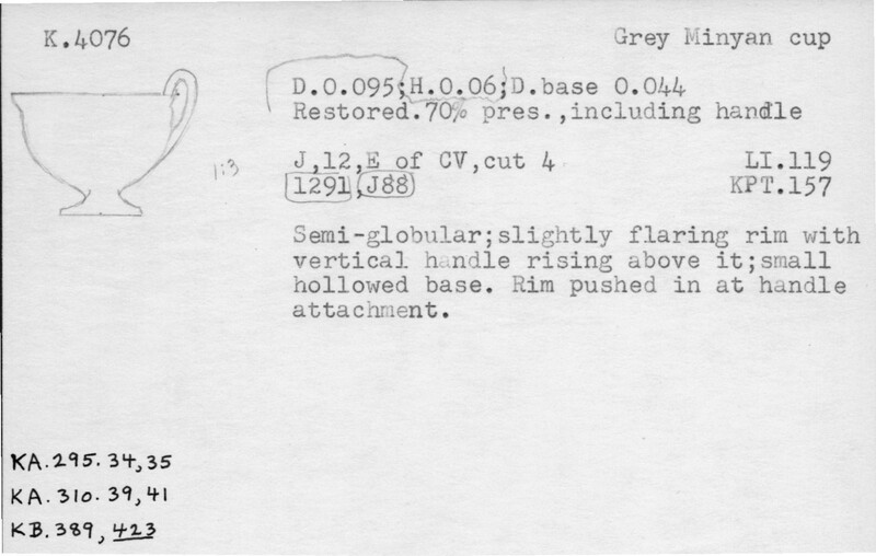 Index card with typed and handwritten information, sometimes including a sketch, of pottery from an excavation.