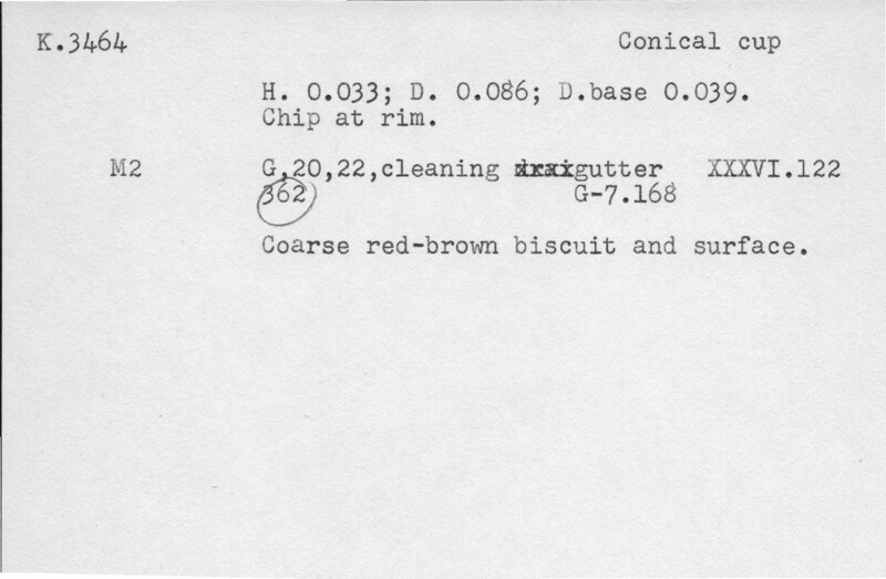 Index card with typed and handwritten information, sometimes including a sketch, of pottery from an excavation.