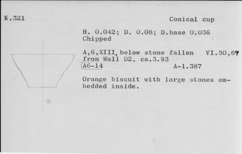 Index card with typed and handwritten information, sometimes including a sketch, of pottery from an excavation.