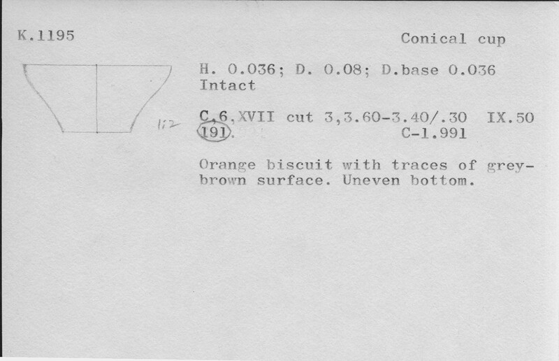 Index card with typed and handwritten information, sometimes including a sketch, of pottery from an excavation.