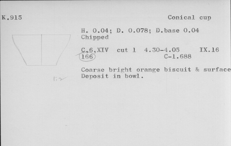 Index card with typed and handwritten information, sometimes including a sketch, of pottery from an excavation.