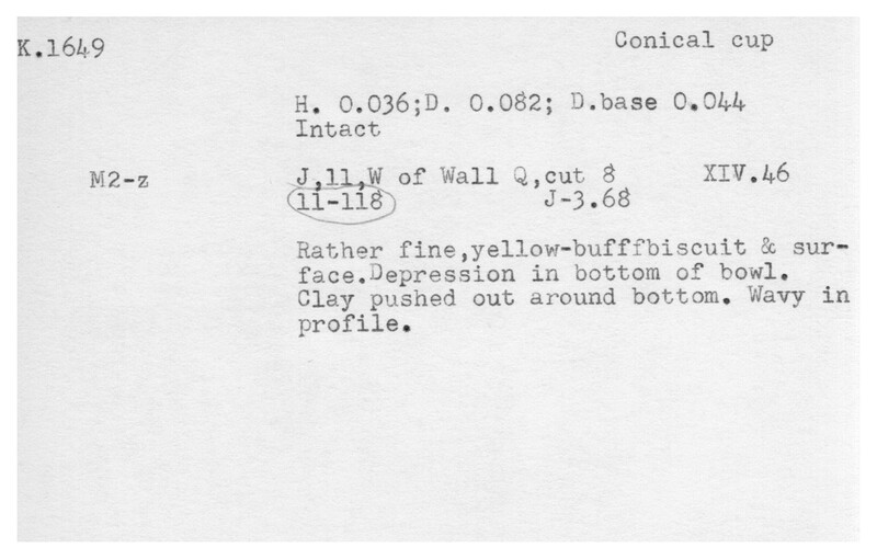 Index card with typed and handwritten information, sometimes including a sketch, of pottery from an excavation.