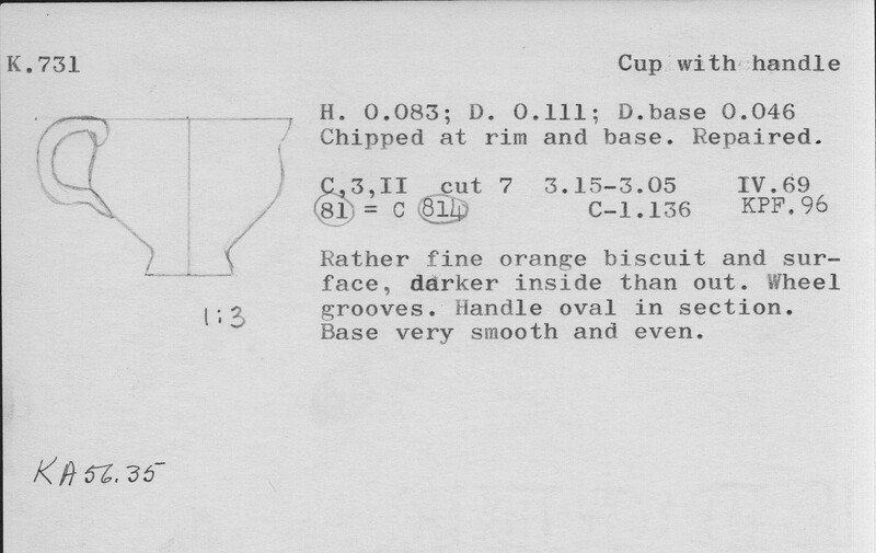 Index card with typed and handwritten information, sometimes including a sketch, of pottery from an excavation.