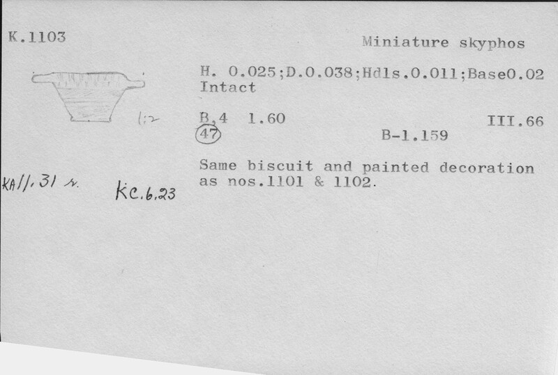 Index card with typed and handwritten information, sometimes including a sketch, of pottery from an excavation.