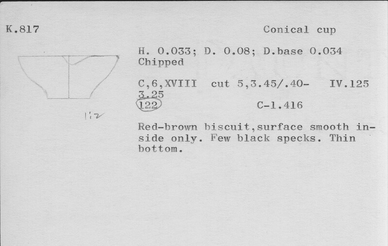 Index card with typed and handwritten information, sometimes including a sketch, of pottery from an excavation.