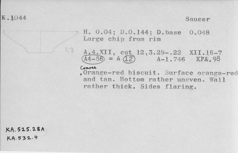 Index card with typed and handwritten information, sometimes including a sketch, of pottery from an excavation.