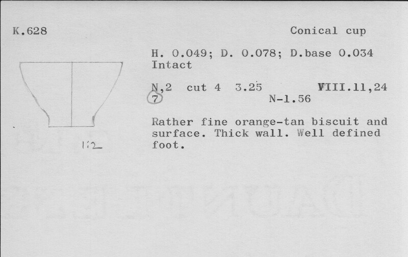 Index card with typed and handwritten information, sometimes including a sketch, of pottery from an excavation.