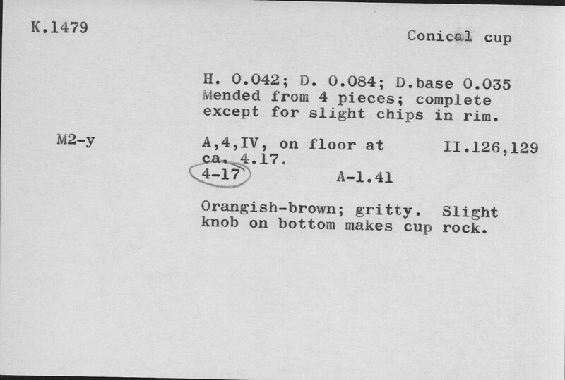 Index card with typed and handwritten information, sometimes including a sketch, of pottery from an excavation.