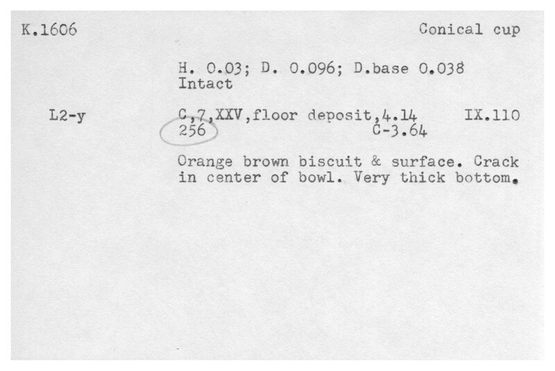 Index card with typed and handwritten information, sometimes including a sketch, of pottery from an excavation.