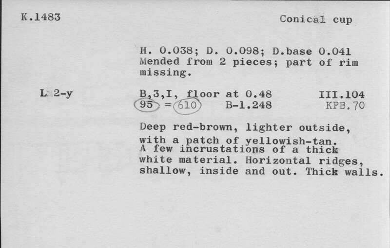 Index card with typed and handwritten information, sometimes including a sketch, of pottery from an excavation.