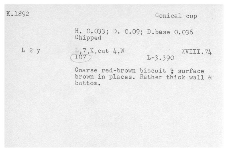 Index card with typed and handwritten information, sometimes including a sketch, of pottery from an excavation.