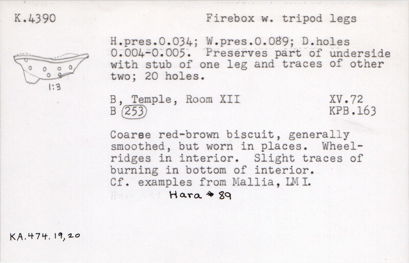Index card with typed and handwritten information, sometimes including a sketch, of pottery from an excavation.