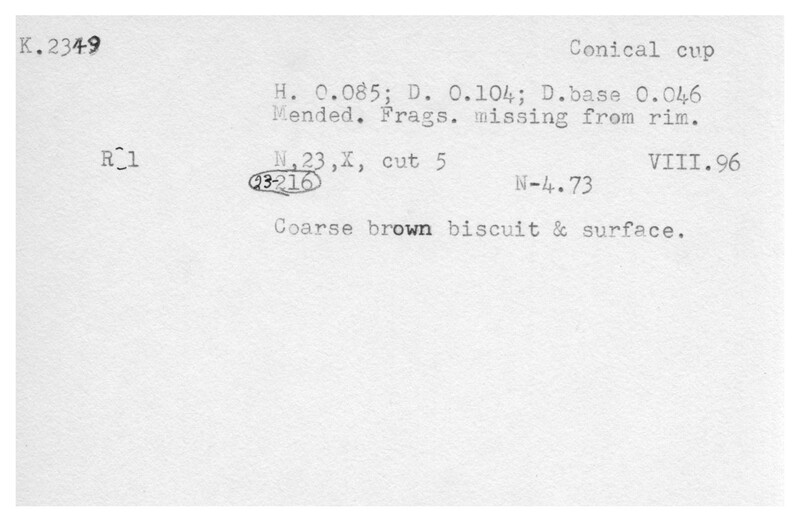 Index card with typed and handwritten information, sometimes including a sketch, of pottery from an excavation.