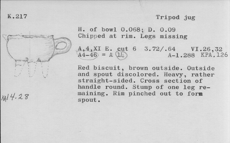 Index card with typed and handwritten information, sometimes including a sketch, of pottery from an excavation.