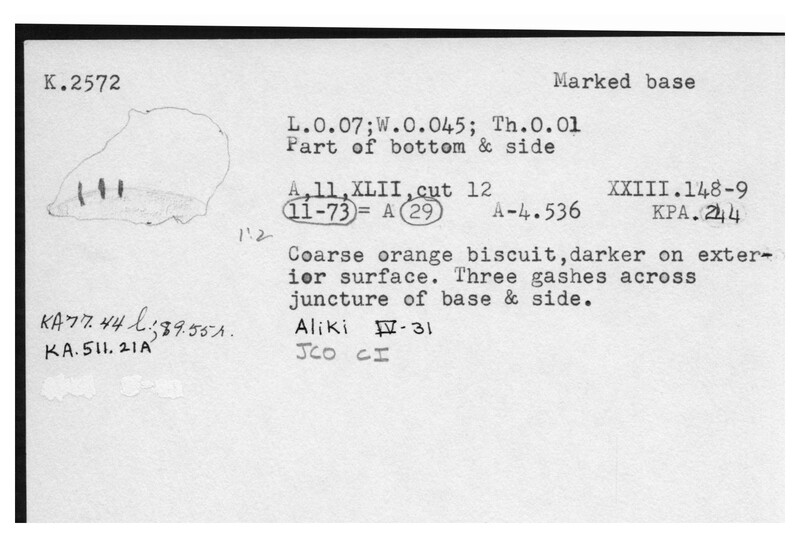 Index card with typed and handwritten information, sometimes including a sketch, of pottery from an excavation.