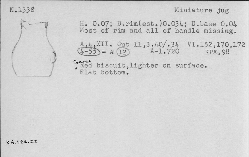 Index card with typed and handwritten information, sometimes including a sketch, of pottery from an excavation.