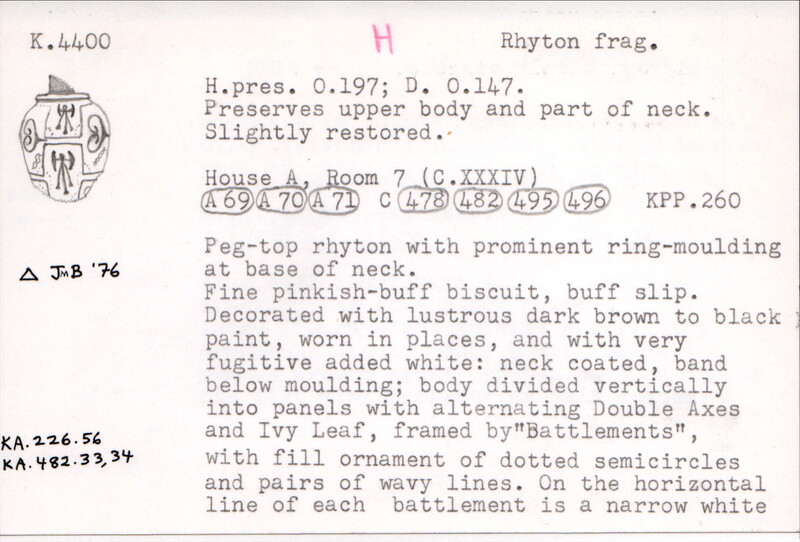 Index card with typed and handwritten information, sometimes including a sketch, of pottery from an excavation.