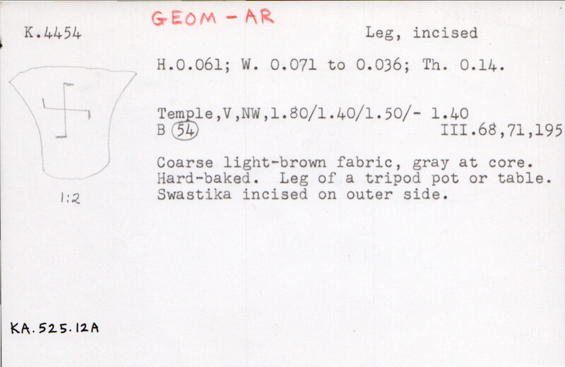 Index card with typed and handwritten information, sometimes including a sketch, of pottery from an excavation.