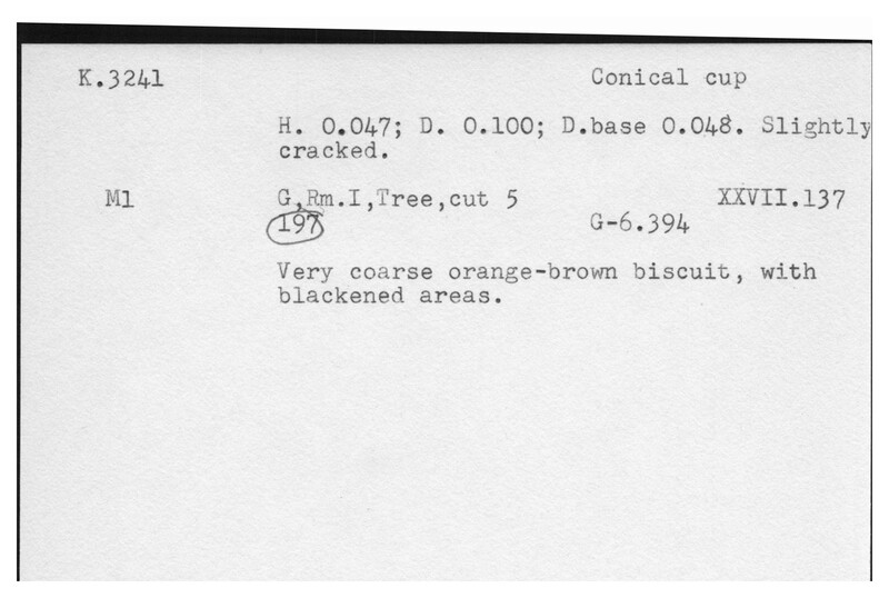 Index card with typed and handwritten information, sometimes including a sketch, of pottery from an excavation.