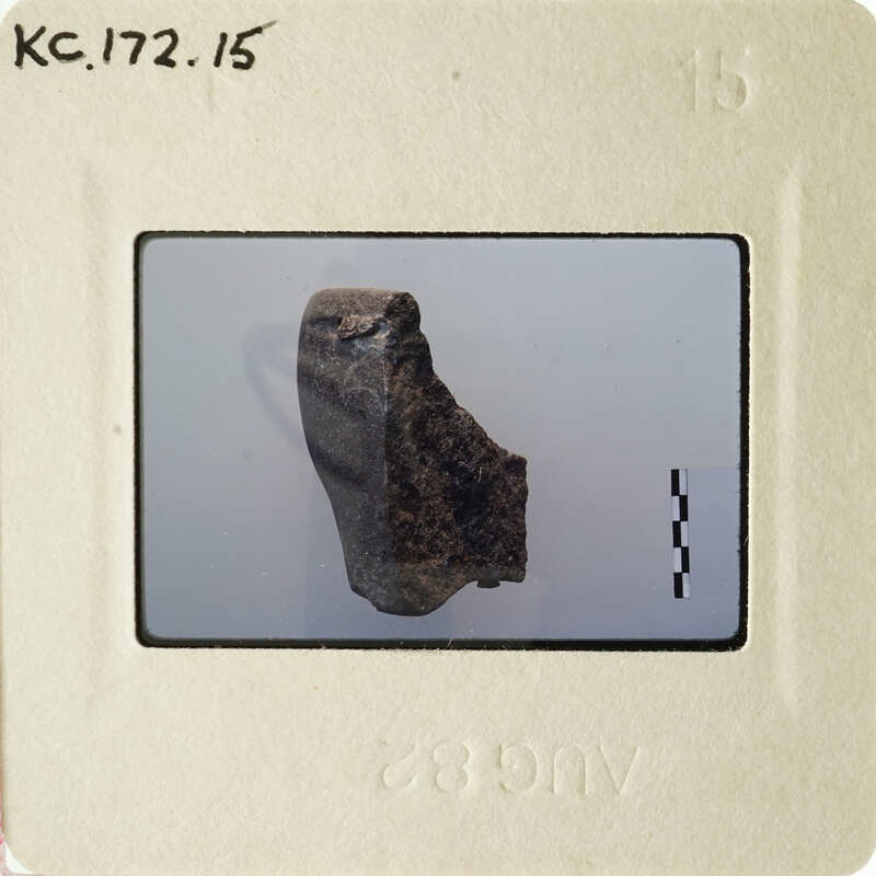 Photograph of an object, possibly a rock or artifact, with a focus on its texture and color.